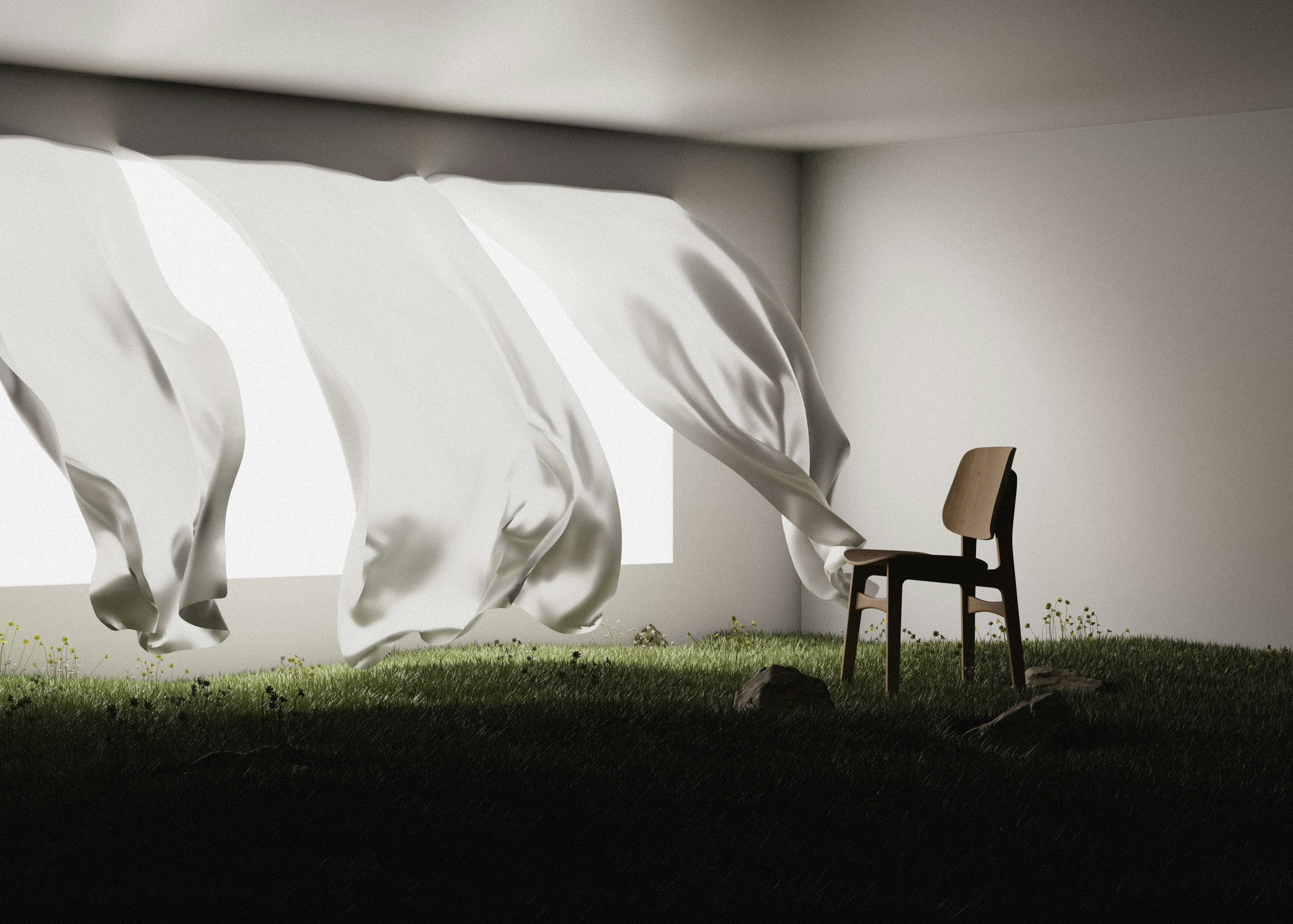 A wooden chair in a grass-covered room as white fabric billows through the windows